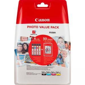 Мастилници Canon CLI-581 XL C/M/Y/BK Multi Pack + 50 листа фотохартия (4х6cm), 2052C004AA - изображение